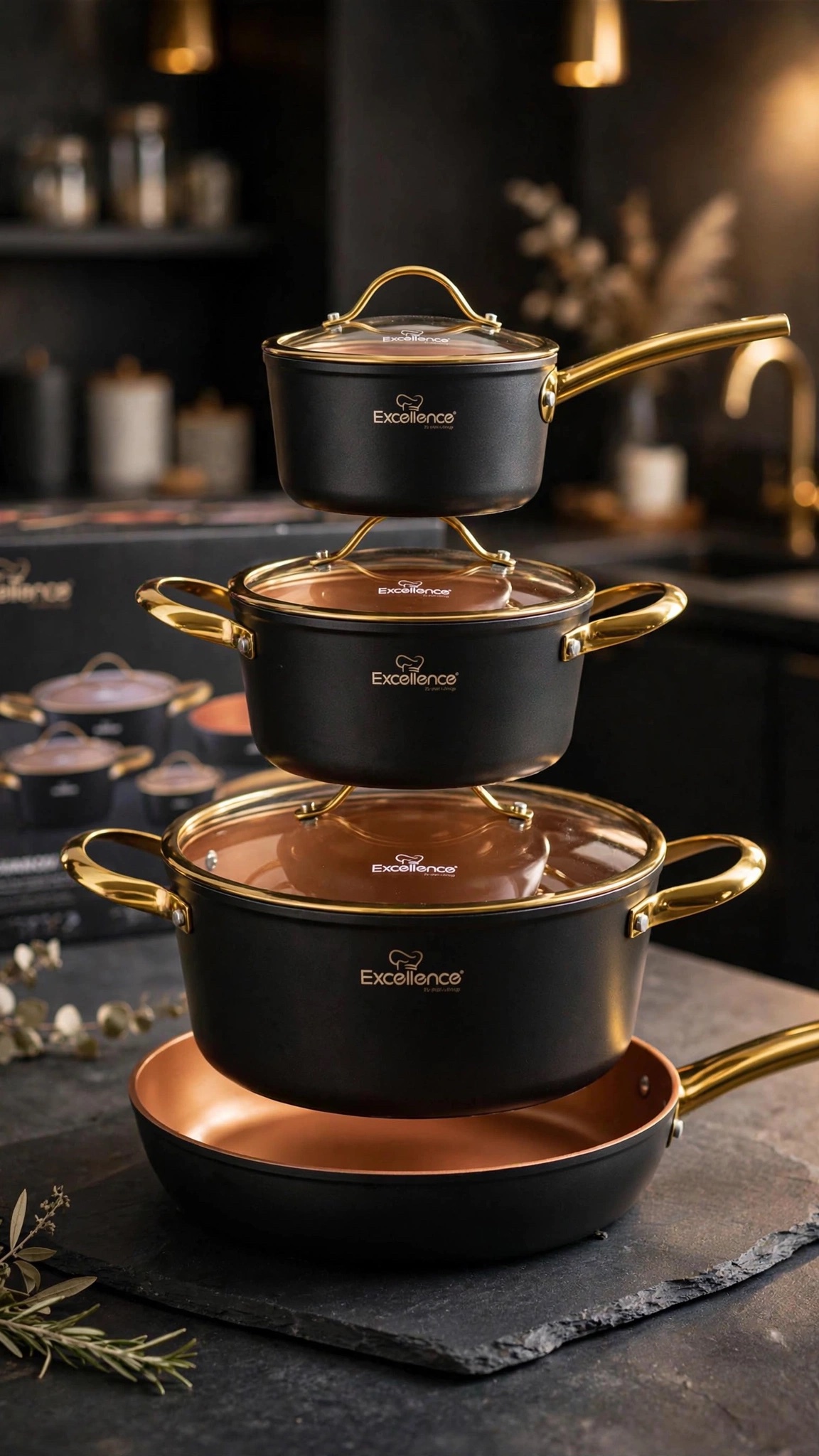 Excellence Batterie de Cuisine marmite et poêle Haute Qualité en Pierre Couleur Bronze Poignets en Acier Inoxydable Couleur Gold Compatible Feux Induction Sans PFOA – Image 2