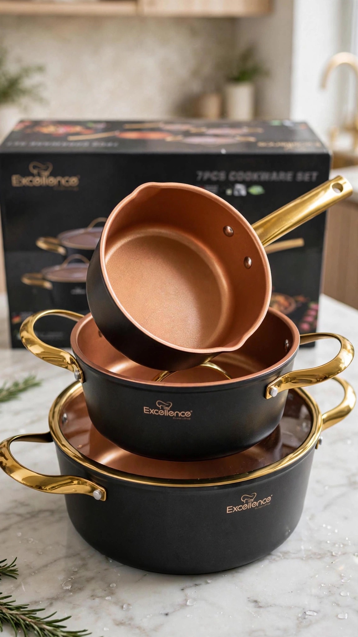 Excellence Batterie de Cuisine marmite et poêle Haute Qualité en Pierre Couleur Bronze Poignets en Acier Inoxydable Couleur Gold Compatible Feux Induction Sans PFOA – Image 5