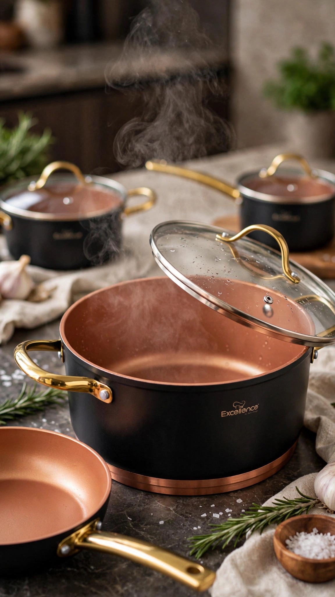 Excellence Batterie de Cuisine marmite et poêle Haute Qualité en Pierre Couleur Bronze Poignets en Acier Inoxydable Couleur Gold Compatible Feux Induction Sans PFOA – Image 4