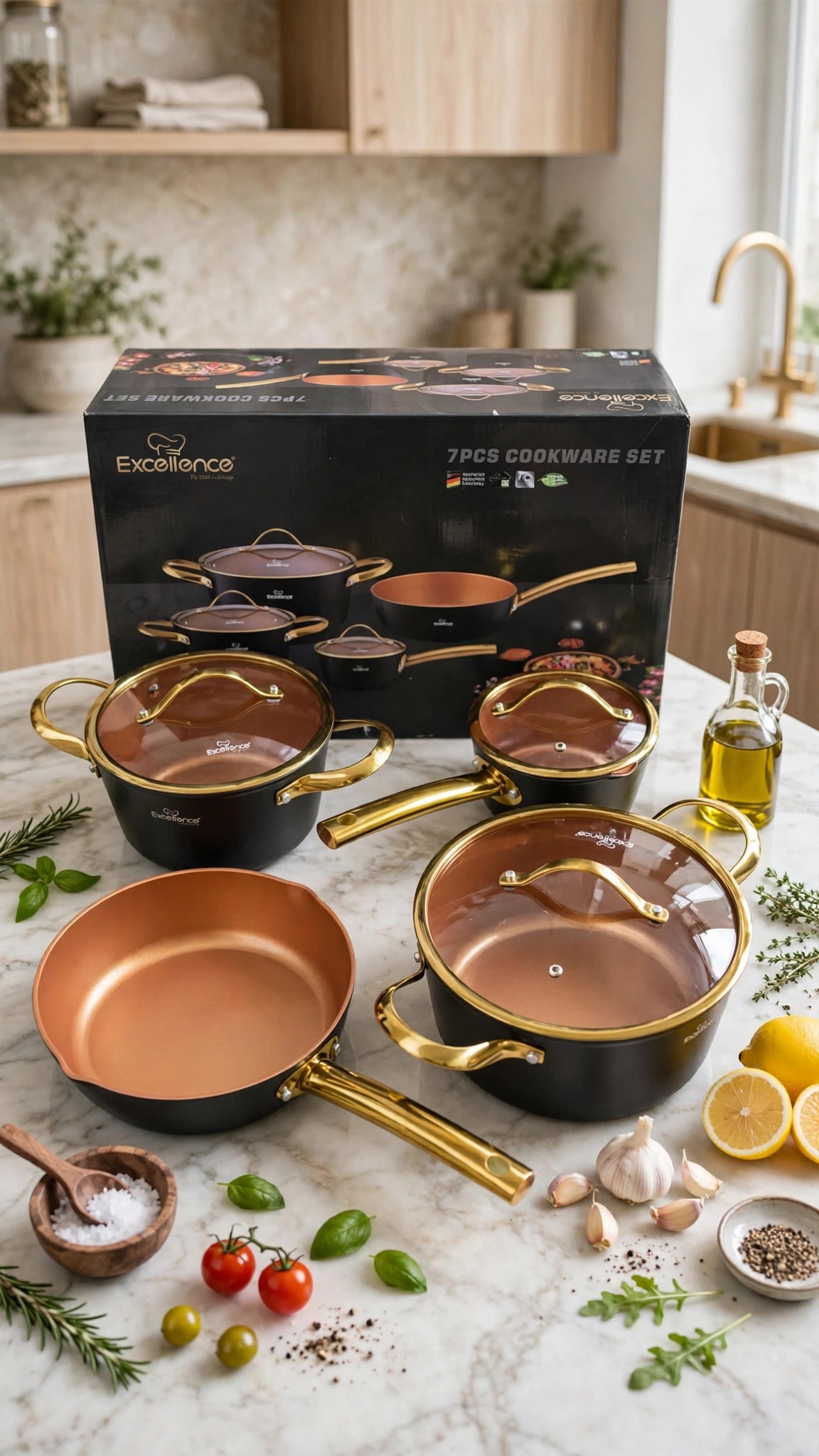 Excellence Batterie de Cuisine marmite et poêle Haute Qualité en Pierre Couleur Bronze Poignets en Acier Inoxydable Couleur Gold Compatible Feux Induction Sans PFOA – Image 3