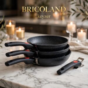 LOT 3 Poêles Façon Pierre 20-24-28cm + 3 Poignées Amovibles - BRICOLAND Keyzer | Anti-Adhésif Granit Noir Sans PFOA - Tous Feux dont Induction