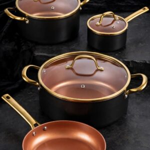 Excellence Batterie de Cuisine marmite et poêle Haute Qualité en Pierre Couleur Bronze Poignets en Acier Inoxydable Couleur Gold Compatible Feux Induction Sans PFOA