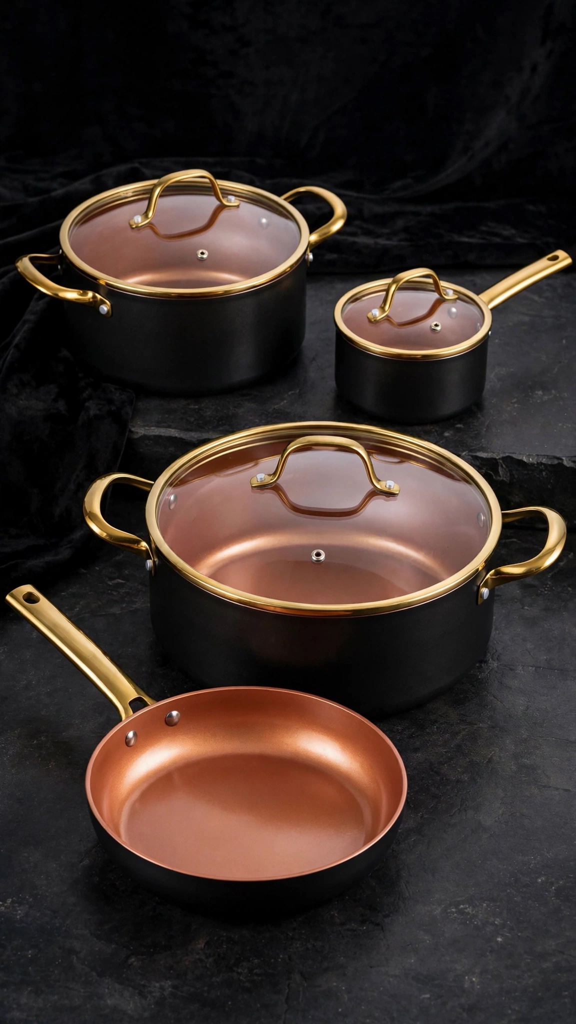 Excellence Batterie de Cuisine marmite et poêle Haute Qualité en Pierre Couleur Bronze Poignets en Acier Inoxydable Couleur Gold Compatible Feux Induction Sans PFOA
